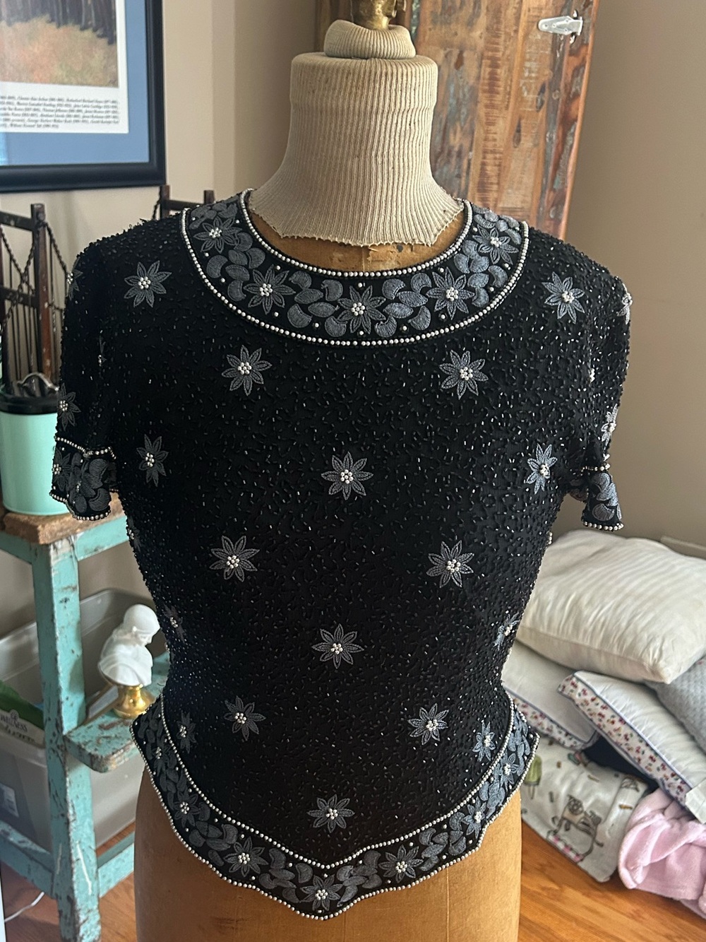 Vintage Adrianna Papell Black Beaded Floral Short Sleeve Top with Silver Accents